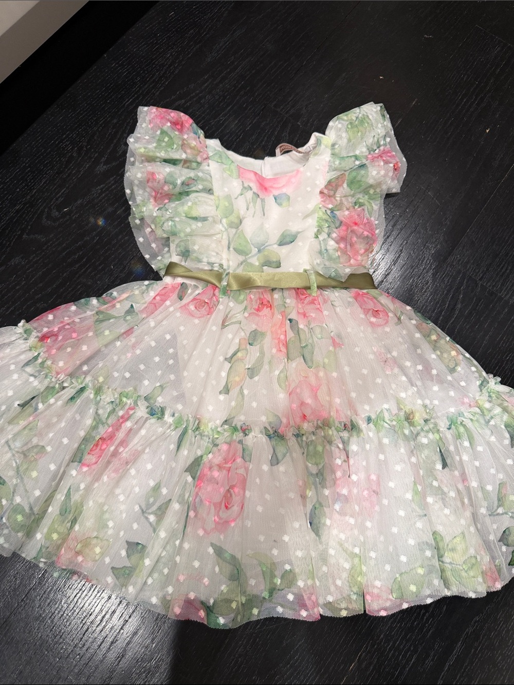 MonnaLisa Pink and Green Floral Tulle Party Dress